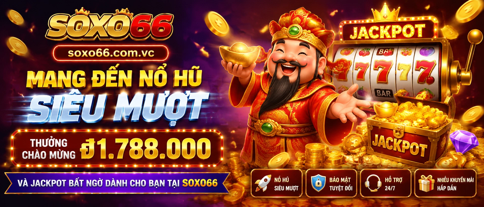 Khu khuyến mãi Nổ Hũ với bố cục card rõ và tông xanh tím